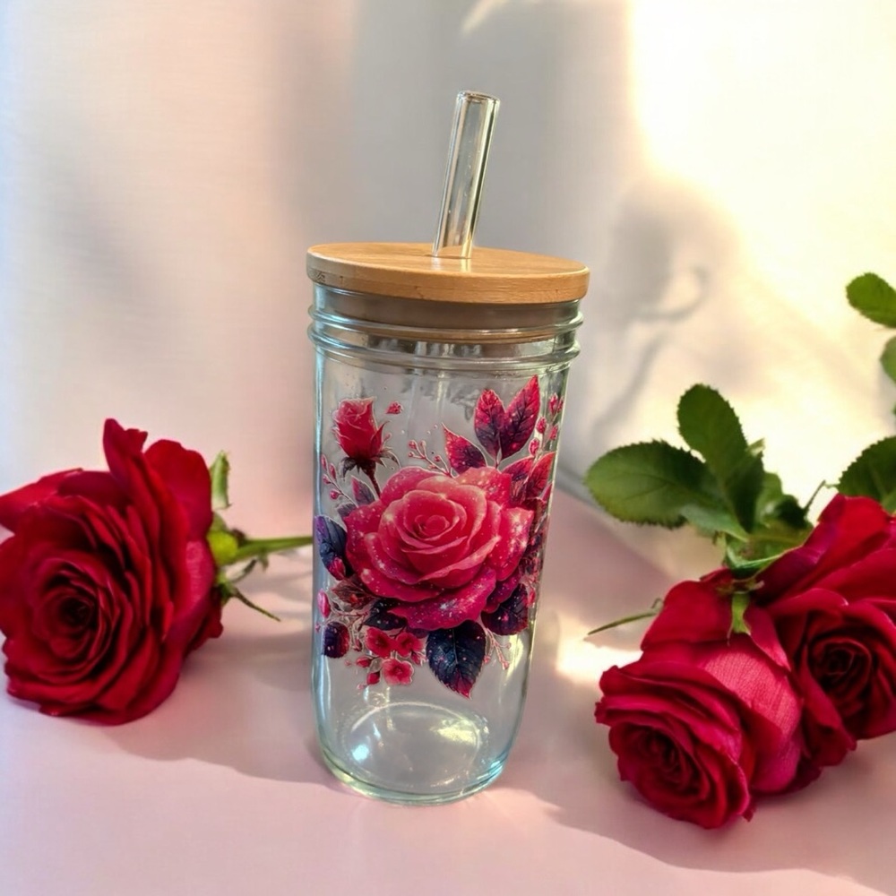 Red and Green Floral Thermos with Bamboo Lid
